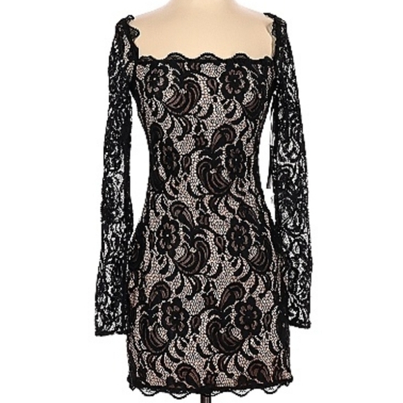H:ours Delilah Black Square Neck Long Sleeve Floral Print Fitted Mini Dress Sz S - Picture 2 of 3